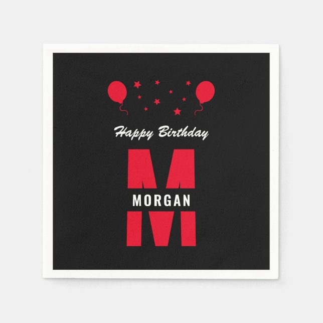 Monogram Happy Birthday Any Age Black White Red Napkins (Front)