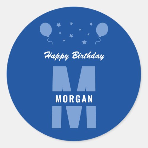 Monogram Happy Birthday Any Age Blue And White Classic Round Sticker