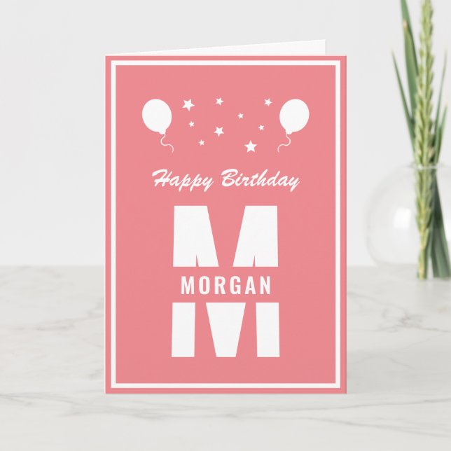 Monogram Happy Birthday Any Age Pink And White Card (Front)