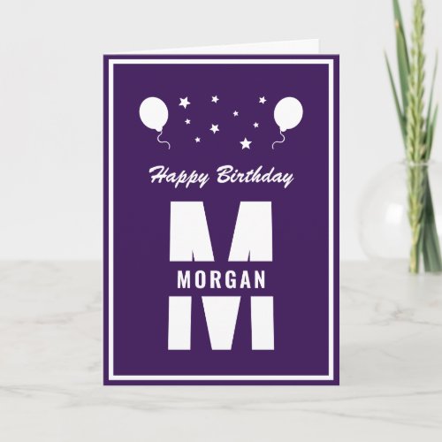 Monogram Happy Birthday Any Age Purple And White Card