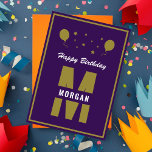Monogram Happy Birthday Any Age Purple White Gold Card<br><div class="desc">A cool and awesome monogram design for family and friends to wish someone special and unique a Happy Birthday. The typography text of the stars and balloons design is customizable and can be personalized with your own custom message. You can change the font, font color, font size, letter spacing and...</div>