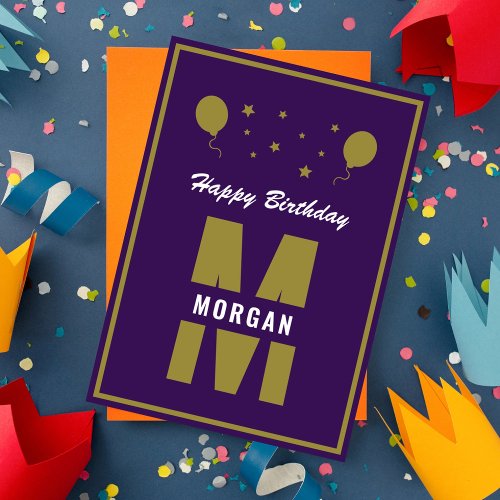 Monogram Happy Birthday Any Age Purple White Gold Card