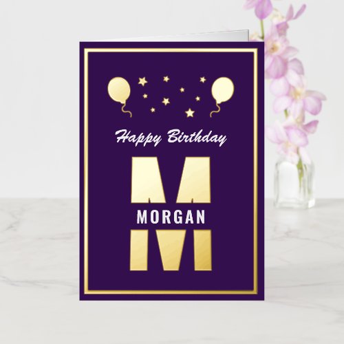 Monogram Happy Birthday Any Age Purple White Gold