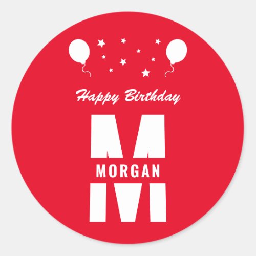 Monogram Happy Birthday Any Age Red And White Classic Round Sticker