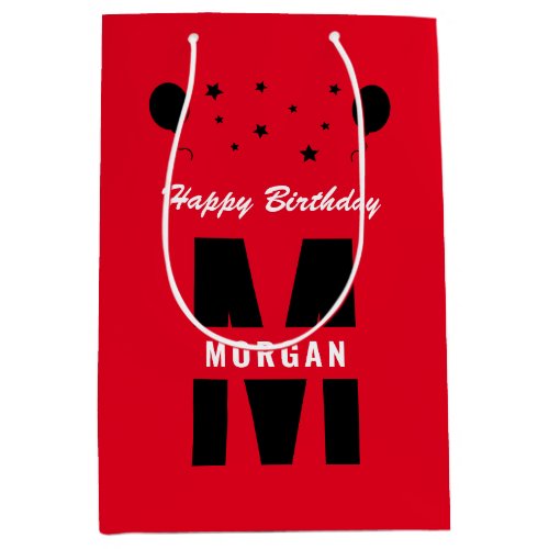 Monogram Happy Birthday Any Age Red Black White Medium Gift Bag