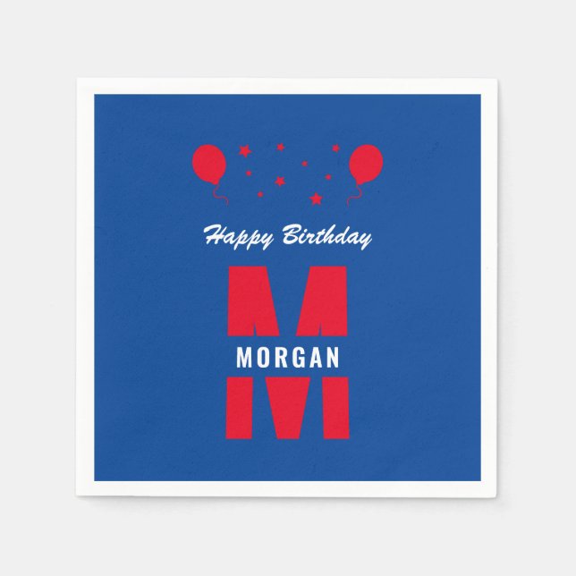 Monogram Happy Birthday Any Age Red White Blue Napkins (Front)