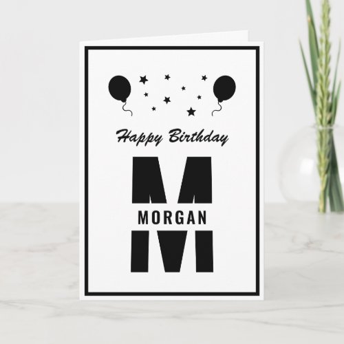 Monogram Happy Birthday Any Age White Black Stars Card