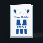 Monogram Happy Birthday Any Age White Blue Stars Card<br><div class="desc">A cool and awesome monogram design for family and friends to wish someone special and unique a Happy Birthday. The typography text of the stars and balloons design is customizable and can be personalized with your own custom message. You can change the font, font color, font size, letter spacing and...</div>