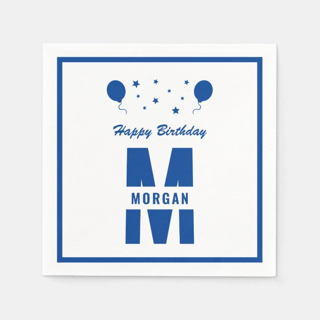 Monogram Happy Birthday Any Age White Blue Stars Napkins (Front)