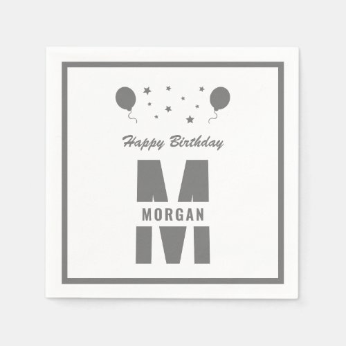 Monogram Happy Birthday Any Age White Grey Stars Napkins