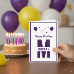 Monogram Happy Birthday Any Age White Purple Stars Card<br><div class="desc">A cool and awesome monogram design for family and friends to wish someone special and unique a Happy Birthday. The typography text of the stars and balloons design is customizable and can be personalized with your own custom message. You can change the font, font color, font size, letter spacing and...</div>