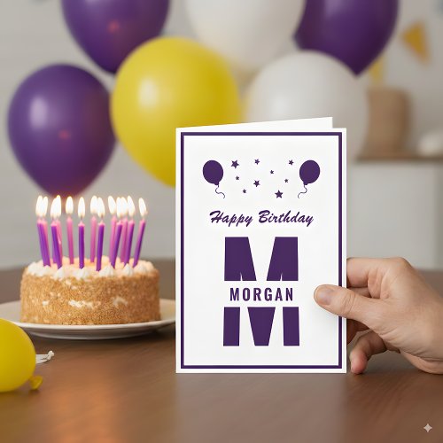 Monogram Happy Birthday Any Age White Purple Stars