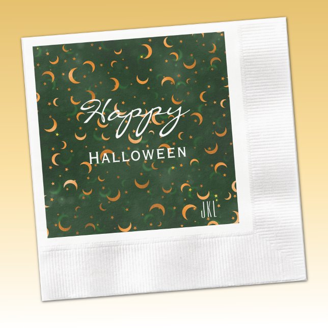 Monogram, Happy Halloween Moons & Stars Cocktail Napkins (Creator Uploaded)
