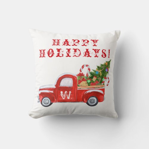 Monogram Happy Holidays Red Christmas Tree Truck Throw Pillow