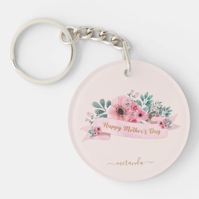 Monogram Happy Mother's Day Pink Floral Keychain (Front)