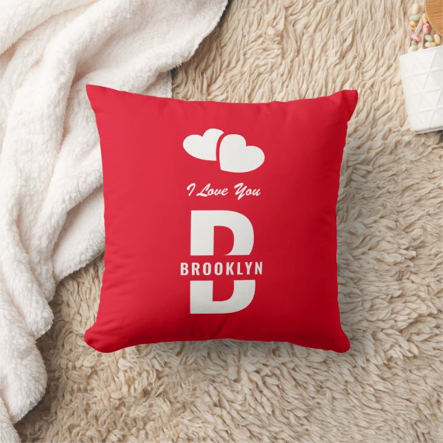 Monogram Happy Valentine's Day Red White Hipster Throw Pillow (Blanket)