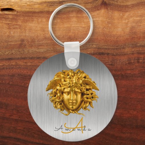 Monogram Haute Couture Gold Medusa Mask Silver Keychain