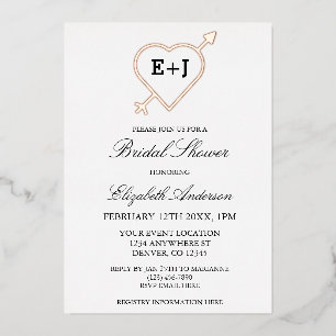 Monogram Heart And Arrow Bridal Shower Foil Invitation
