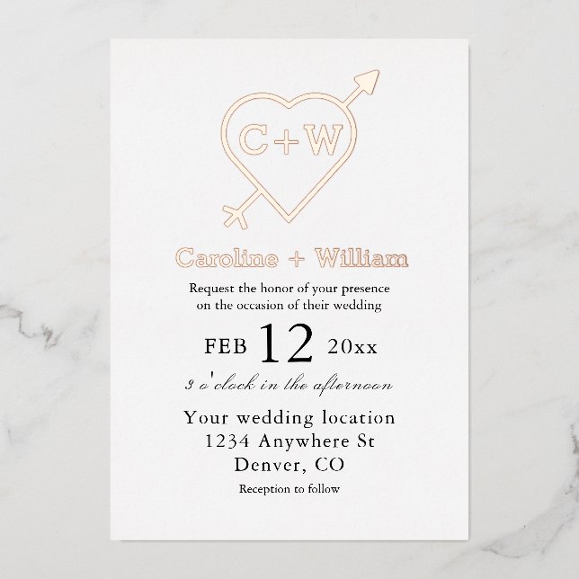 Monogram Heart And Arrow Wedding Foil Invitation (Front)