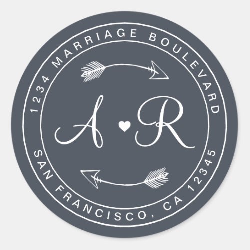 Monogram Heart Arrow Blue Wedding Return Address Classic Round Sticker