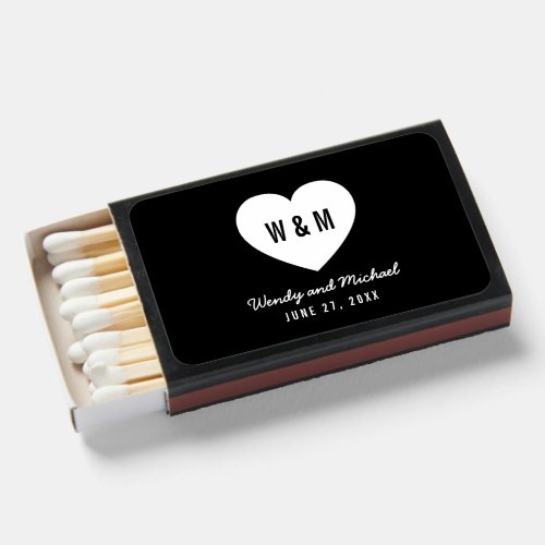 Monogram Heart Black and White Modern Wedding Matchboxes