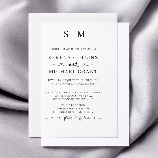 Monogram Heart Calligraphy Minimalist Wedding Vellum Invitations (Creator Uploaded)