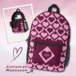 Monogram Heart Checkerboard Pattern Bordeaux Pink  Printed Backpack