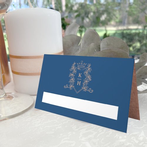 Monogram heart crest dark blue rose gold wedding place card