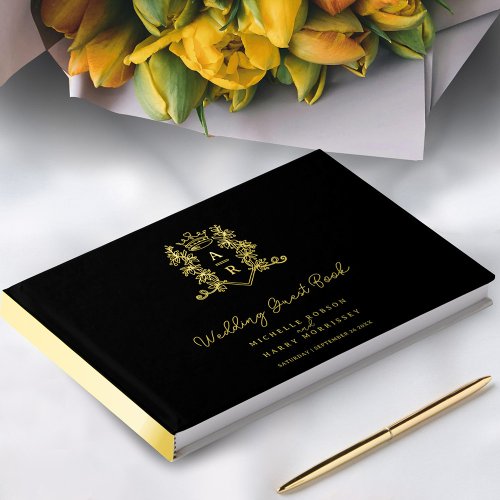 Monogram heart crest gold black wedding guest foil guest book 