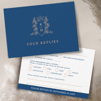 Monogram Heart Crest Hand Drawn White Blue Wedding Rsvp Card by mylittleedenweddings at Zazzle