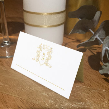 Monogram Heart Crest Hand Drawn White Wedding Place Card by mylittleedenweddings at Zazzle