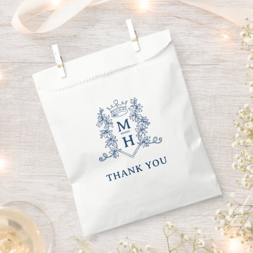 Monogram heart crown crest dark blue white wedding favor bag