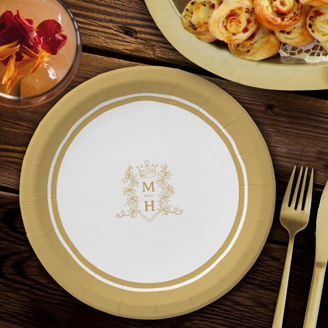 Monogram heart crown crest gold wedding paper plates (Creator Uploaded)
