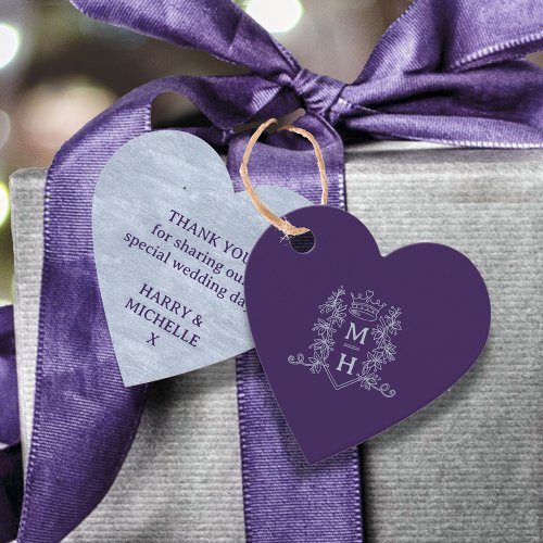 Monogram heart crown crest purple silver wedding favor tags