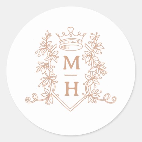 Monogram heart crown crest rose gold wedding classic round sticker