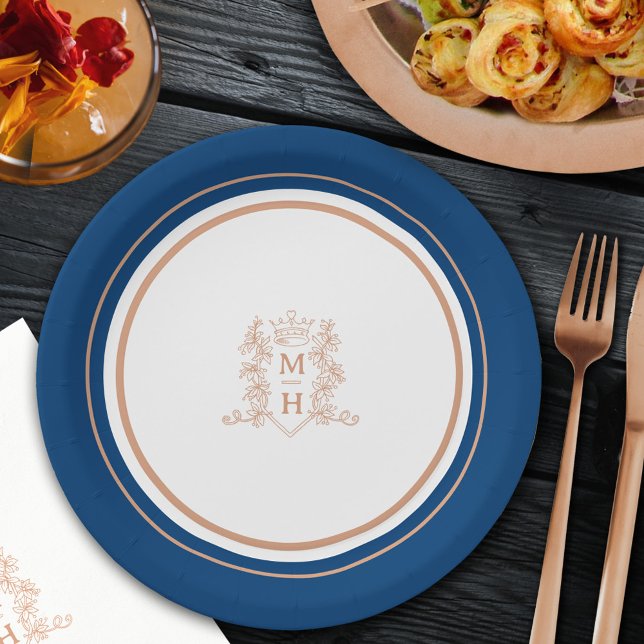 Monogram heart crown crest rose gold wedding paper plates (Creator Uploaded)