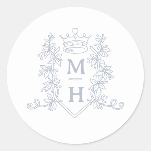 Monogram heart crown crest silver wedding classic round sticker