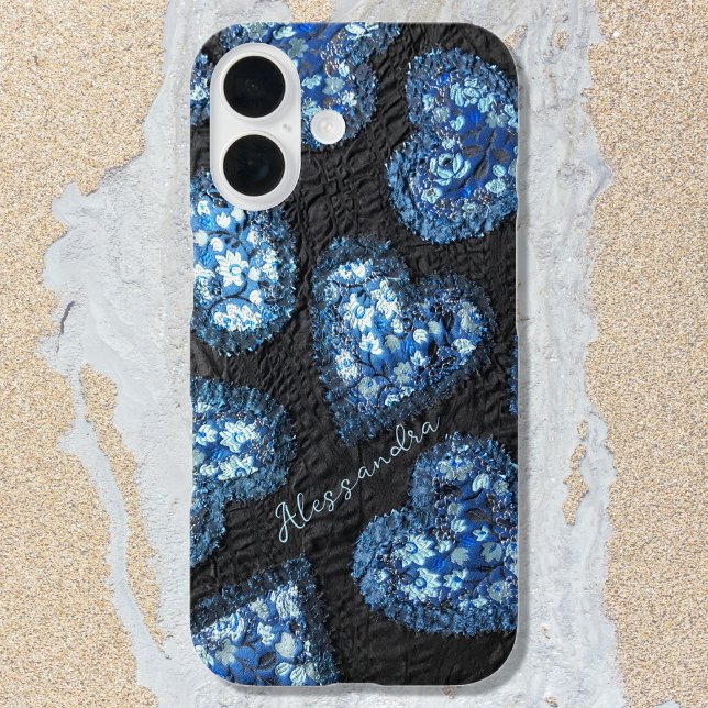 Monogram heart floral black blue pattern iphone case (Creator Uploaded)