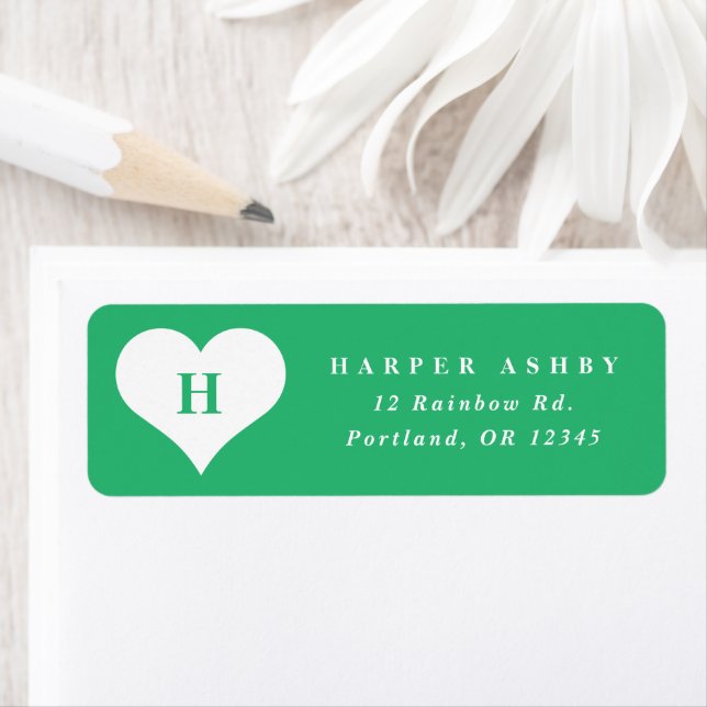 Monogram Heart Green Return Address Label (Insitu)