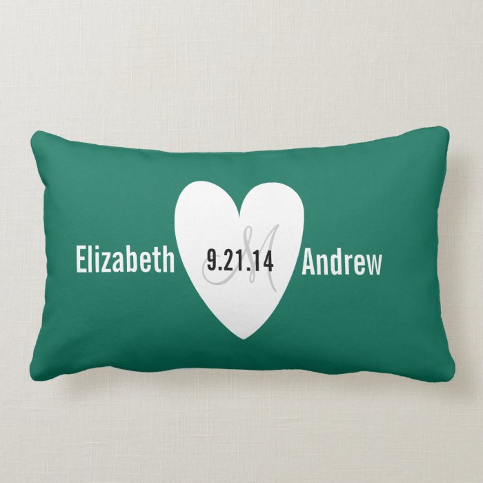 Monogram Heart Green Wedding Anniversary Pillow