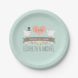 Monogram Heart Mint Green Love Bird Dove Wedding Paper Plates