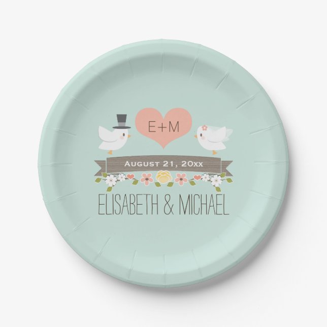 Monogram Heart Mint Green Love Bird Dove Wedding Paper Plates (Front)