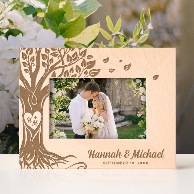 Monogram Heart Names Tree of Life Wedding Photo Engraved Frames (An engraved wooden photo frame can make a beautiful, unique wedding gift.)