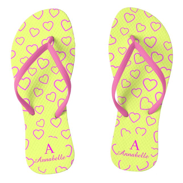 Monogram Heart Pattern Yellow Pink Flip Flops (Footbed)