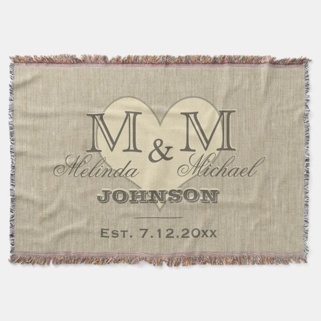 Monogram Heart | Rustic Linen Look Throw Blanket (Front)