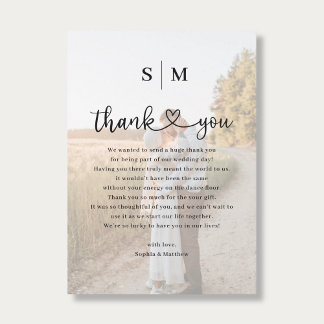 Monogram Heart Script Photo Wedding  Thank You Card