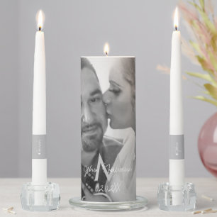 Monogram Heart Script  Wedding Black White Photo  Unity Candle Set