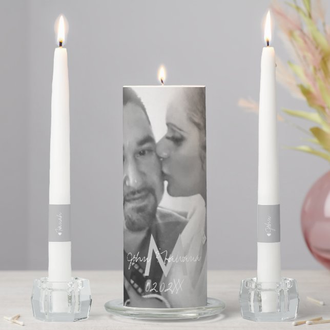 Monogram Heart Script  Wedding Black White Photo  Unity Candle Set (In Situ)