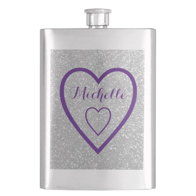 Monogram heart silver glitter hip flask for women (Front)