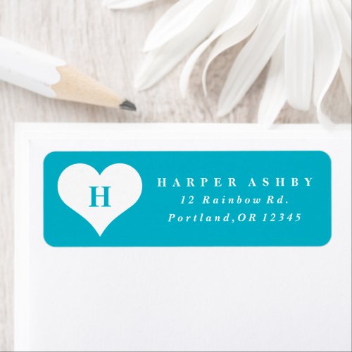 Monogram Heart Teal Blue Return Address Label